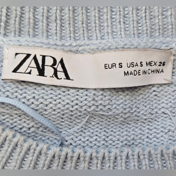 ZARA Light Blue Beaded Short Sleeve Sweater. Size Small - Picture 7 of 9